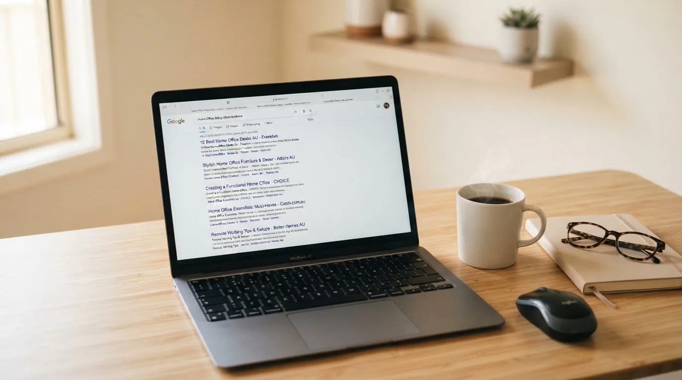 A tidy home office desk with a laptop open to a search results page and a coffee cup nearby.