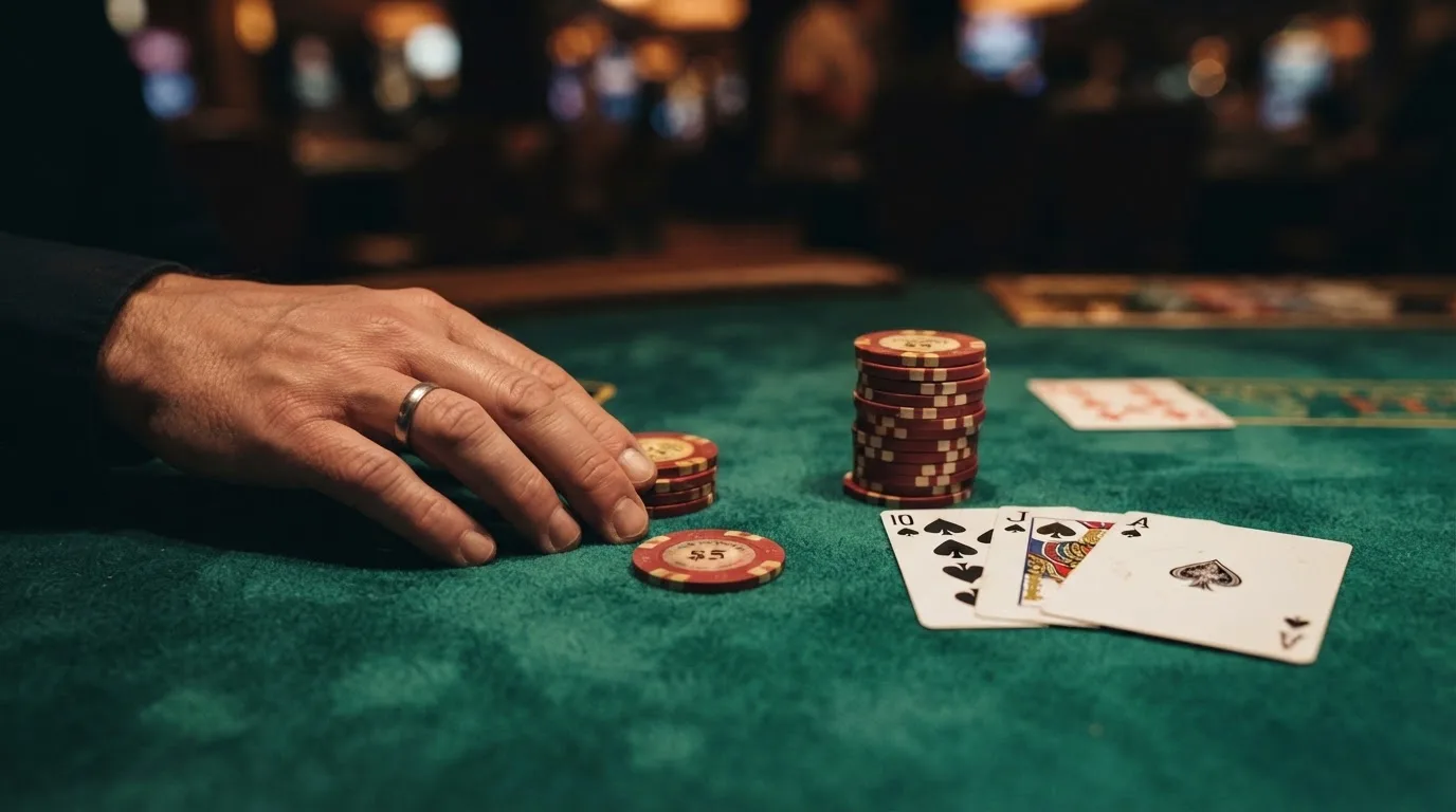 A close-up of a green felt gaming table with cards and chips mid-hand.