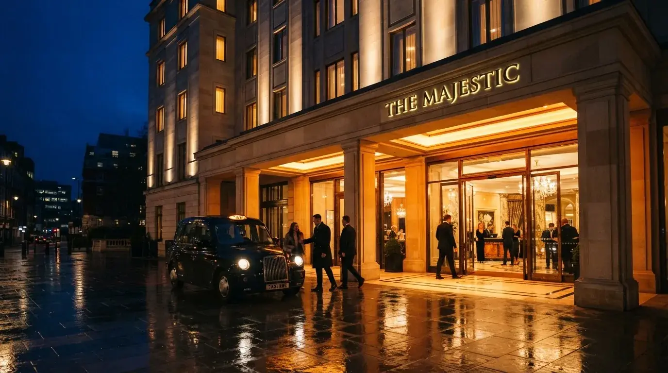 The lit entrance of a large hotel building at night, with a taxi waiting under the awning.