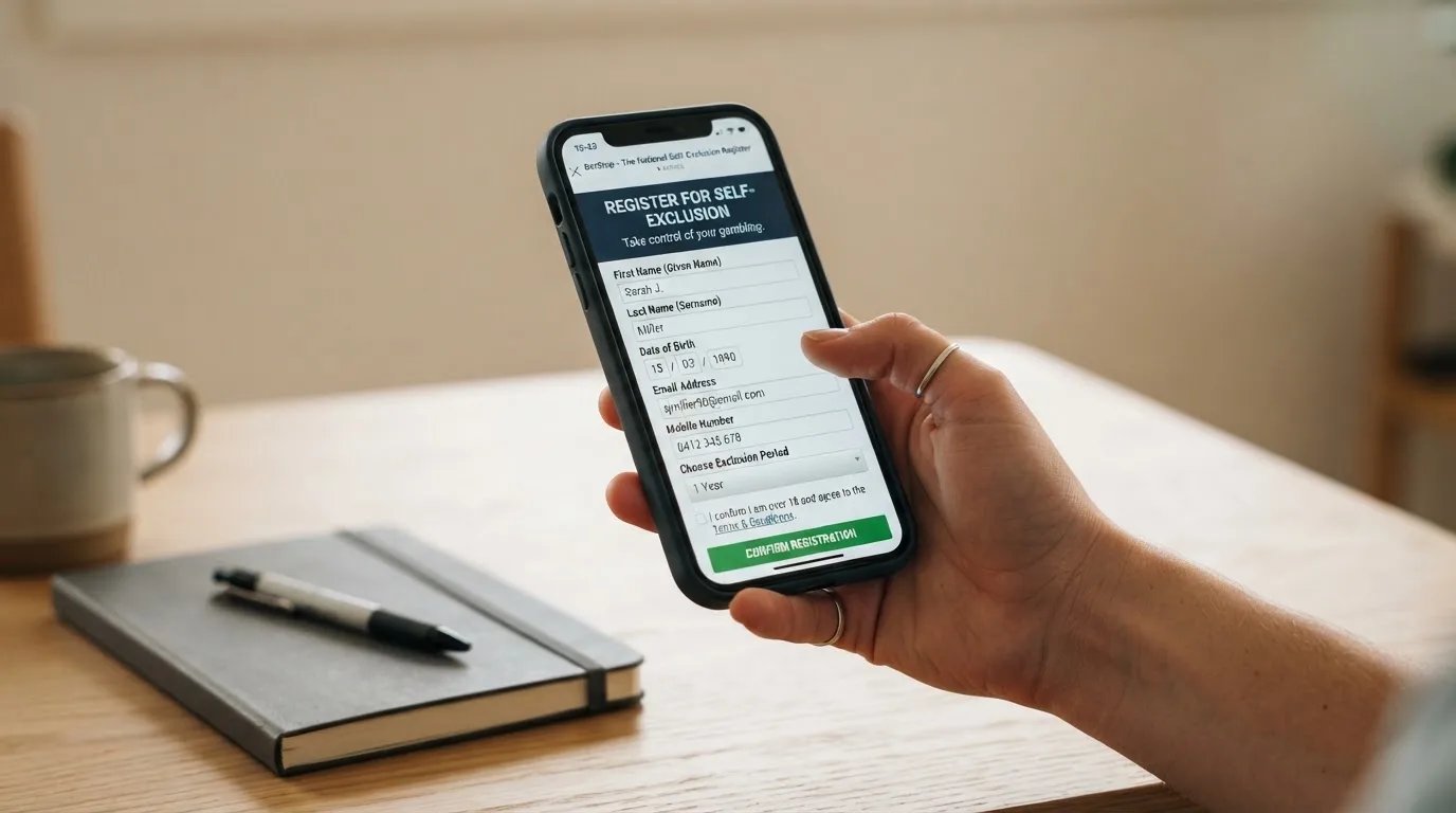 A hand holding a phone showing a self-exclusion registration page at a quiet desk.